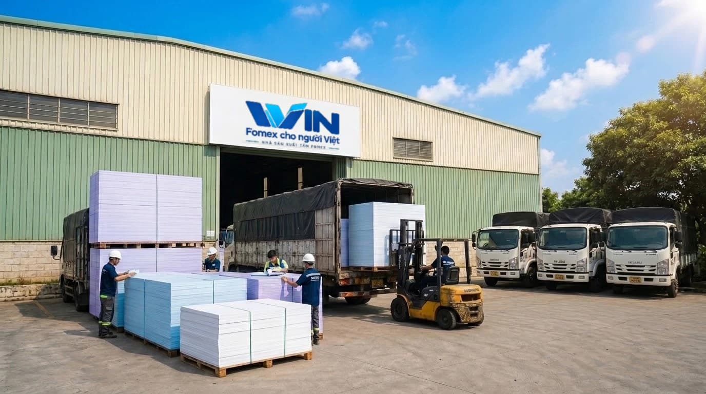 Nhà máy Nhựa WIN Việt Nam: biển logo WIN, xe nâng và xe tải xếp kiện tấm Fomex