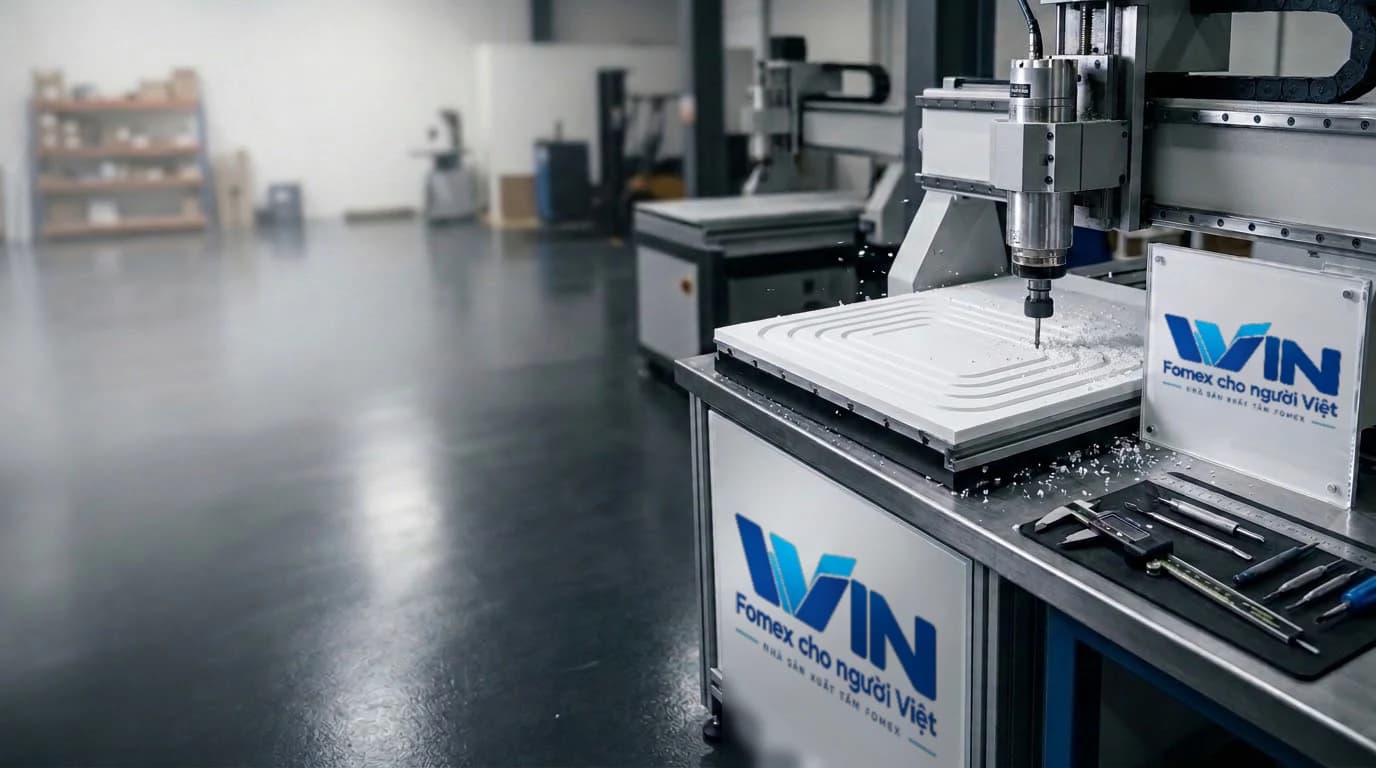 Máy CNC phay rãnh trên tấm Fomex trắng trong xưởng WIN, biển logo WIN trên tủ máy