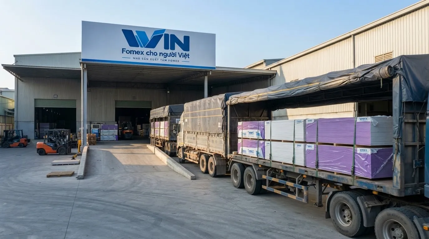 Đoàn xe tải chở tấm Fomex xuất xưởng