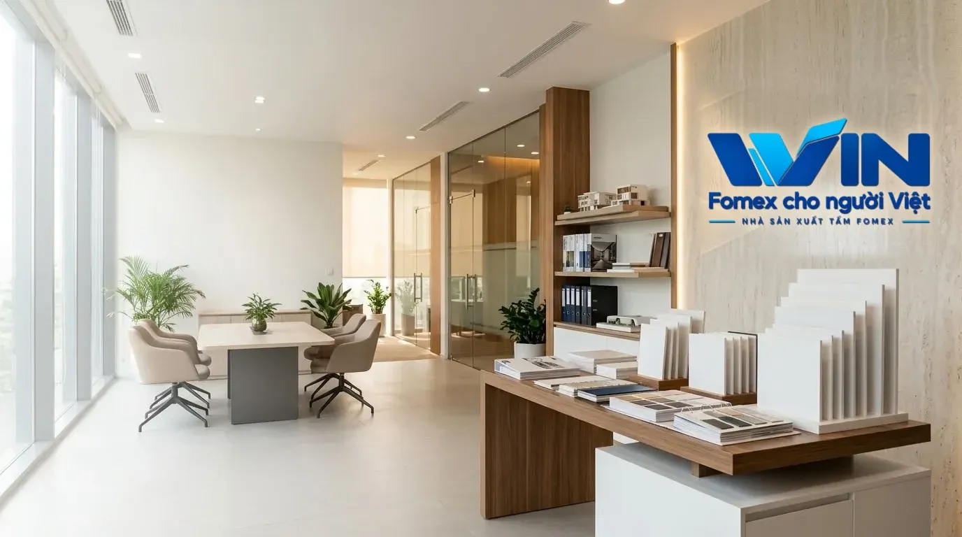 Phòng tư vấn và trưng bày mẫu tấm Fomex tại WIN, logo WIN trên tường