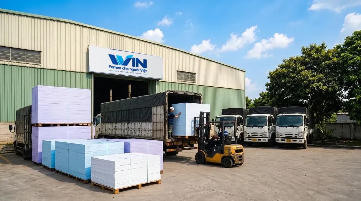 Sân nhà máy WIN, kiện tấm Fomex chờ xuất hàng